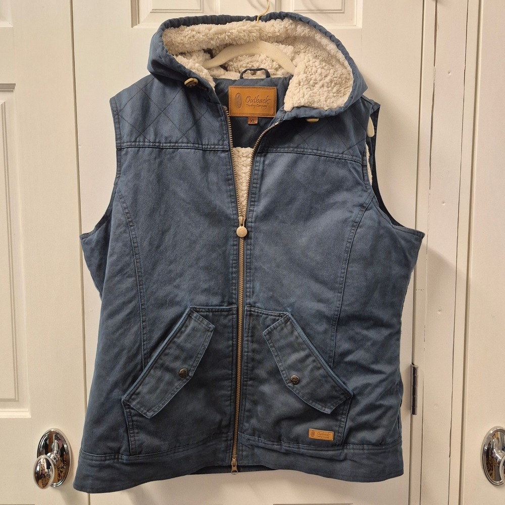 Outback Trading Co. Vest Womens Size XL Blue Oilskin Heidi Hooded Sherpa Lined